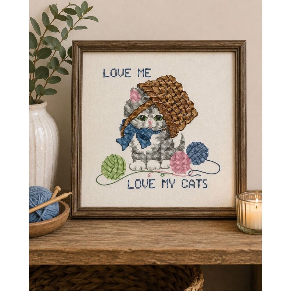 Cross Stitch Love Me Love My Cat In Yarn Basket Handmade Custom Framed Art Knit